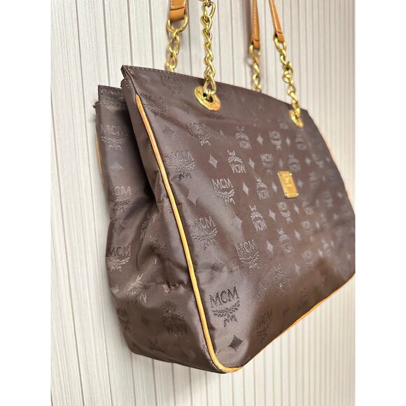 MCM Visetos Nylon Leather Logo Shoulder Tote Bag Brown Large Chain Straps - Picture 5 of 16